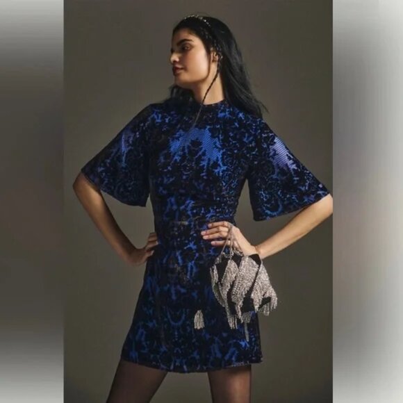 BY ANTHROPOLOGIE Mock-Neck Velvet Mini Dress Open Back Burnout SS Blue Women's 4 - Picture 2 of 16
